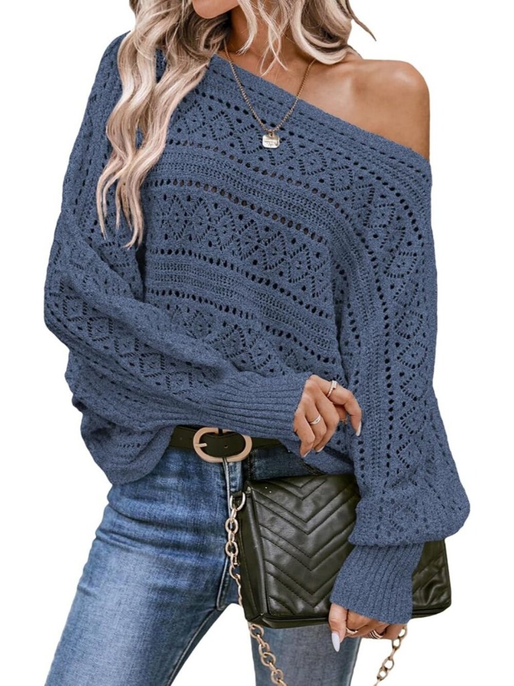 Women's Blue Crochet Boat Neck Long Batwing Sleeve Loose Fashion Sweaters